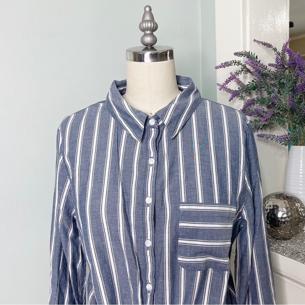 Ivanka Trump Blue Chambray Striped Button Down Tie Front Shirt Long Sleeve - Picture 3 of 11